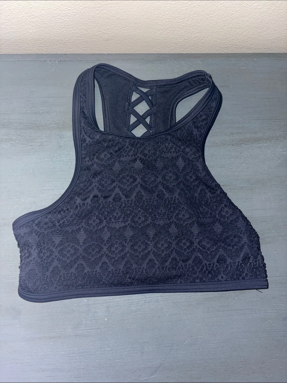 Abercrombie Kids Navy Blue Lace High-Neck Swim Top Bikini Racerback Crochet sz11